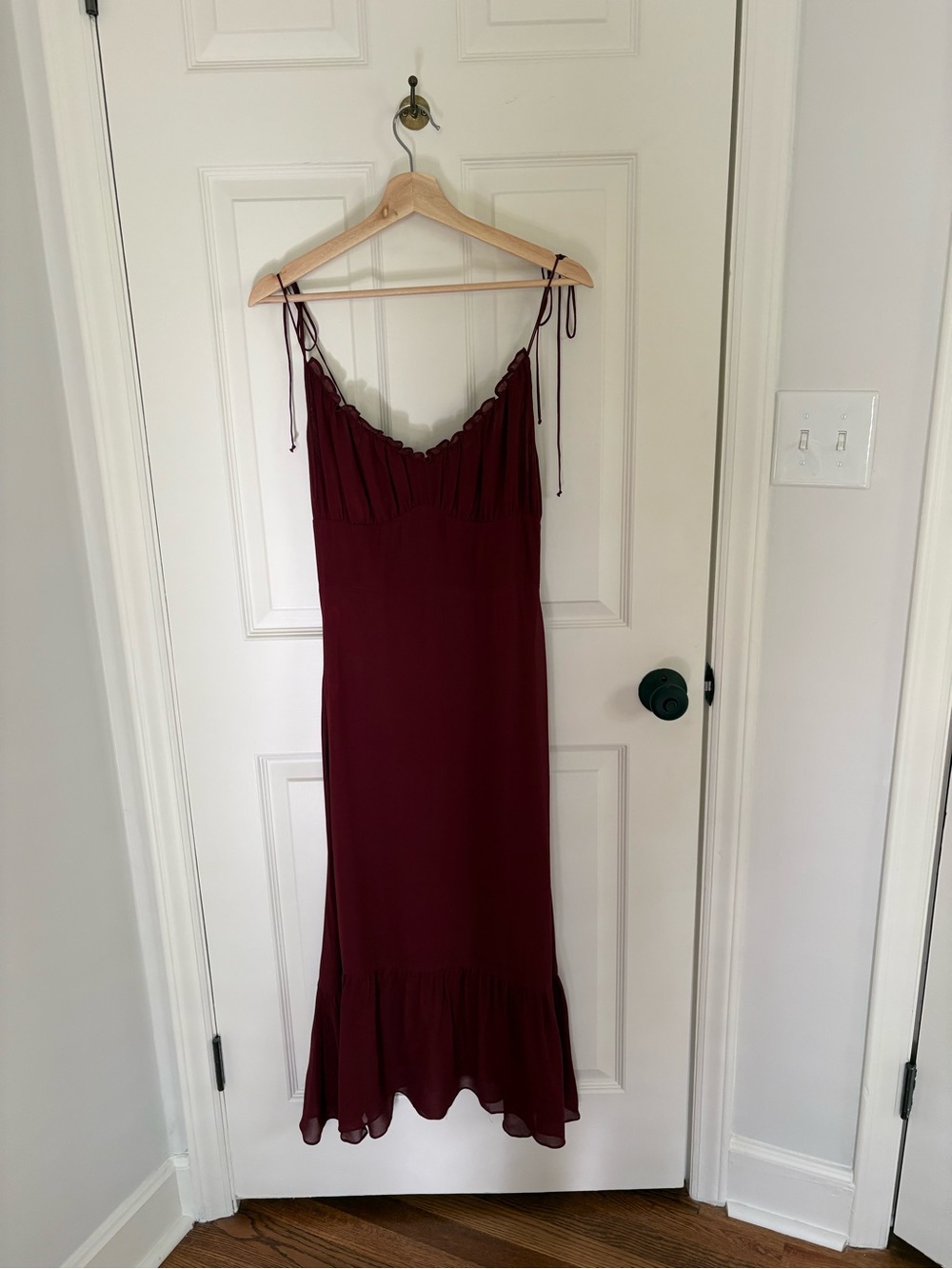 Reformation Burgundy Slip Dress with Ruffle Hem